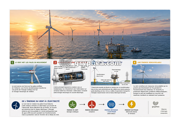 Production d'éléctricité dans un parc à éoliennes en mer (offshore) - gryphea.org